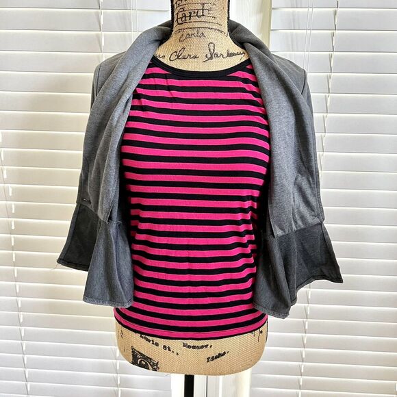 Paper tee Juniors X-Small Grey Pink Polka Dot Stripe Jacket Blouse Top Crew Neck - Picture 10 of 12
